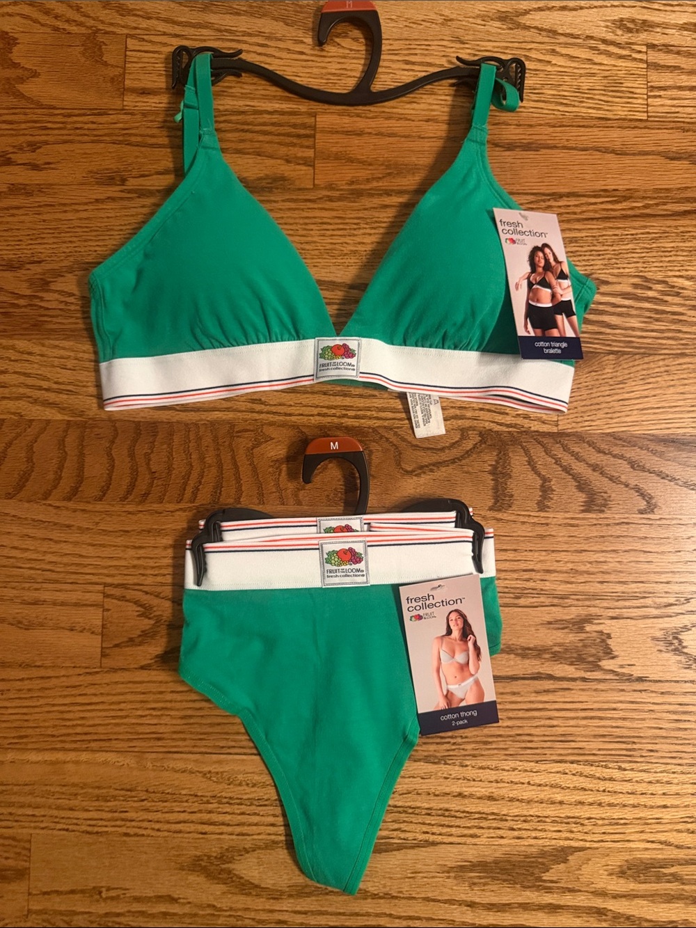NWT Fruit of the Loom M Green Bralette + 2 Cotton Thongs 3 Pc Set